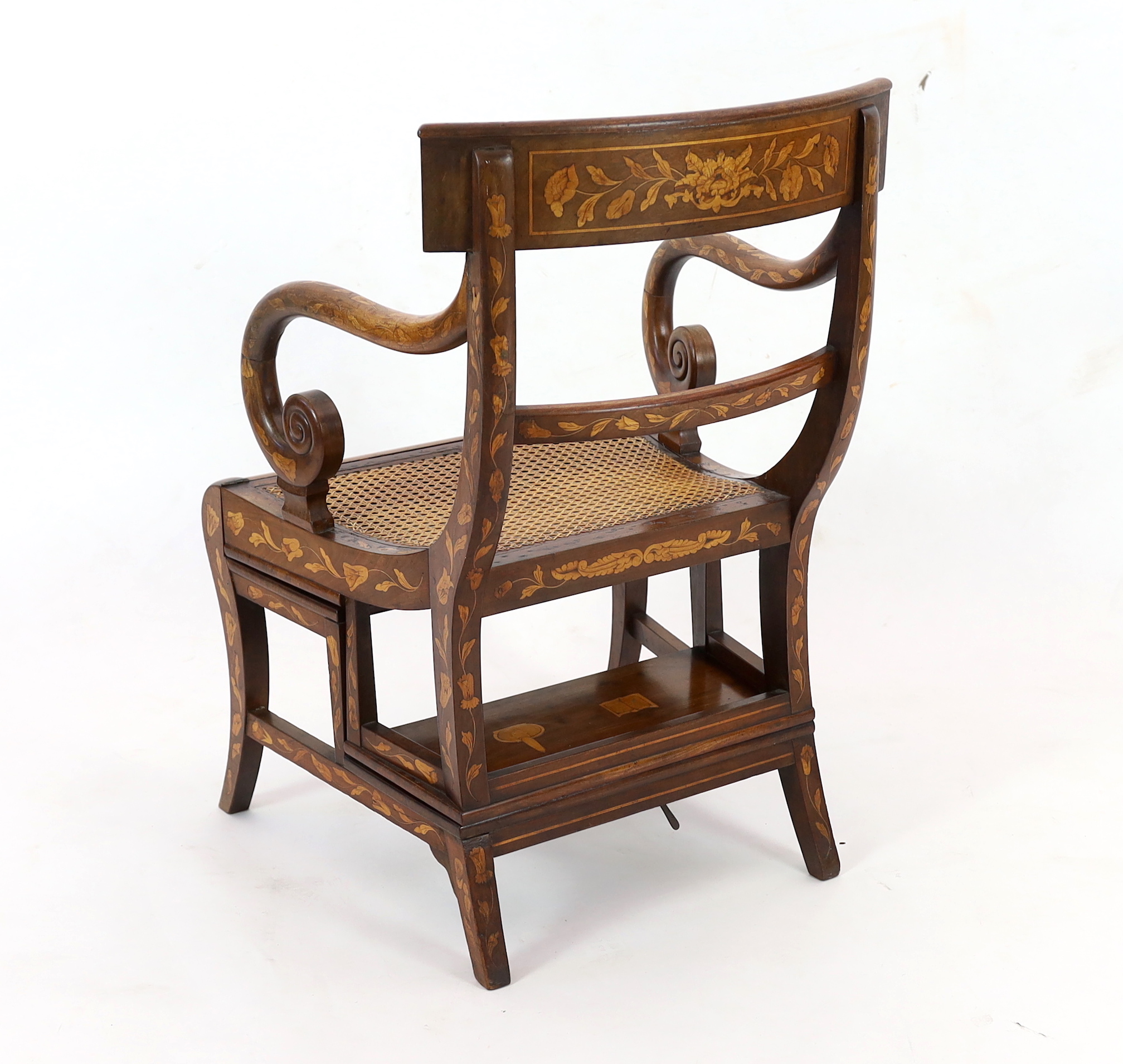 An early 19th century Dutch walnut and marquetry metamorphic library steps chair